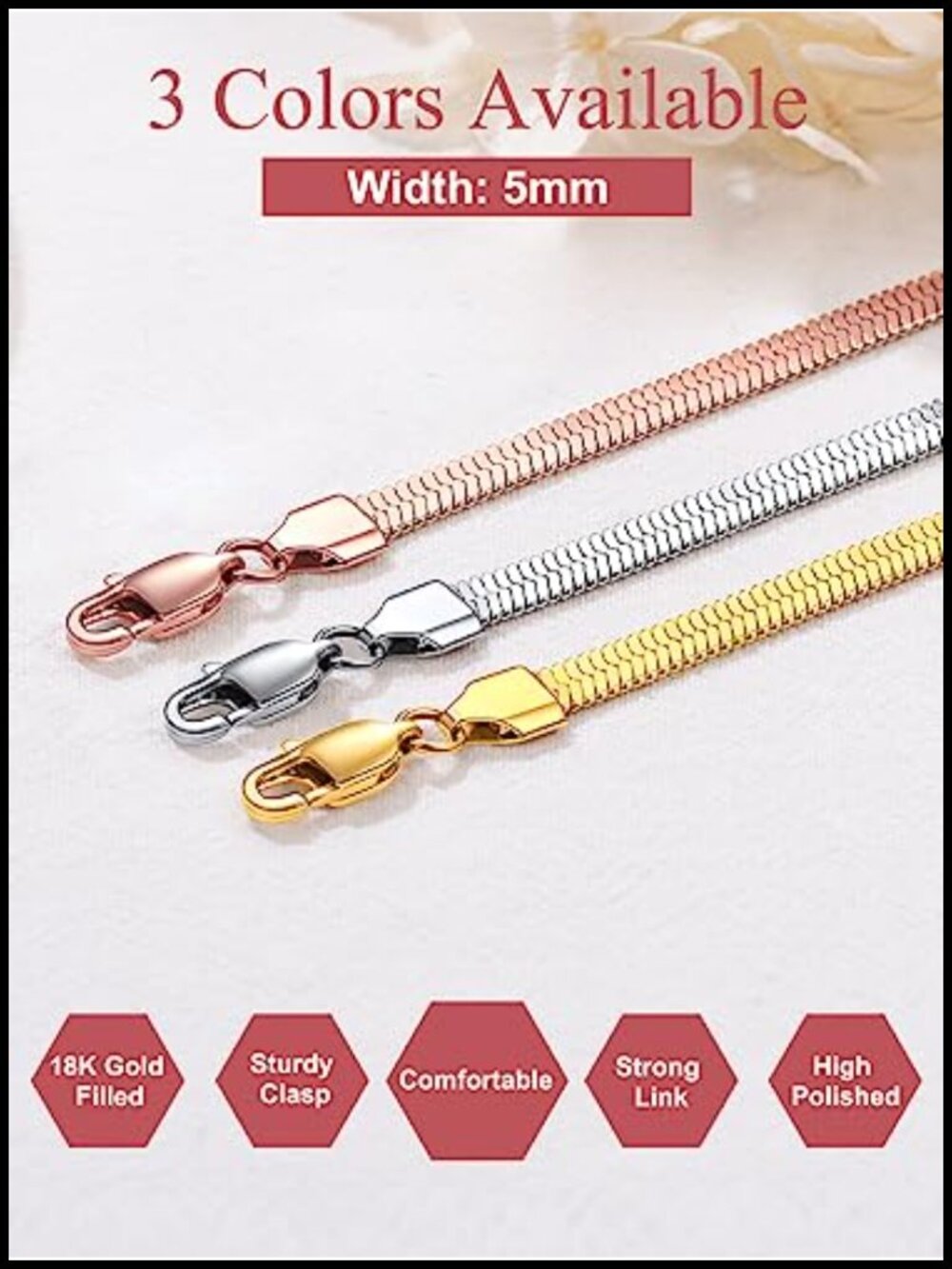 14K Gold Plated Herringbone Choker Necklace Stainless Steel Flat Snake Chain - Picture 5 of 6